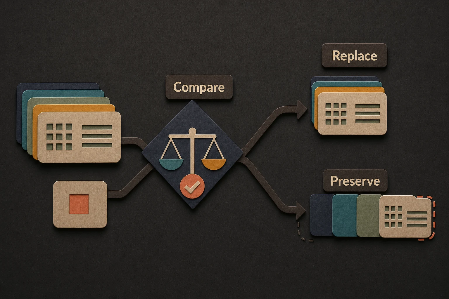 A comparison gate branches into a replacement history stack and an ordered history-preservation path.
