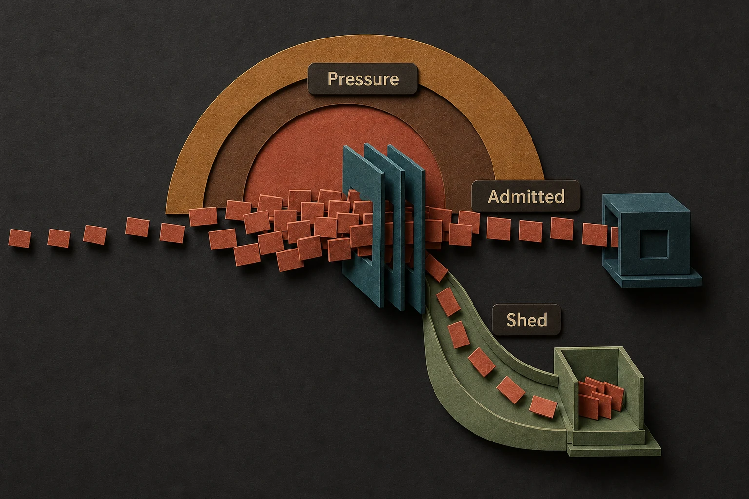 Dense paper request cards reach a gate where some continue to a service while excess cards are progressively diverted into a side channel.