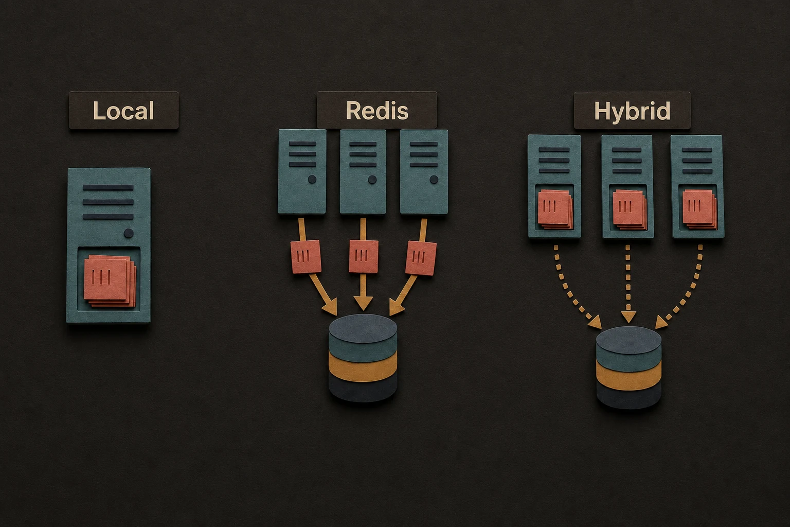 Three paper-craft rate-limiter topologies showing local state, direct shared Redis state, and local state synchronized to Redis.