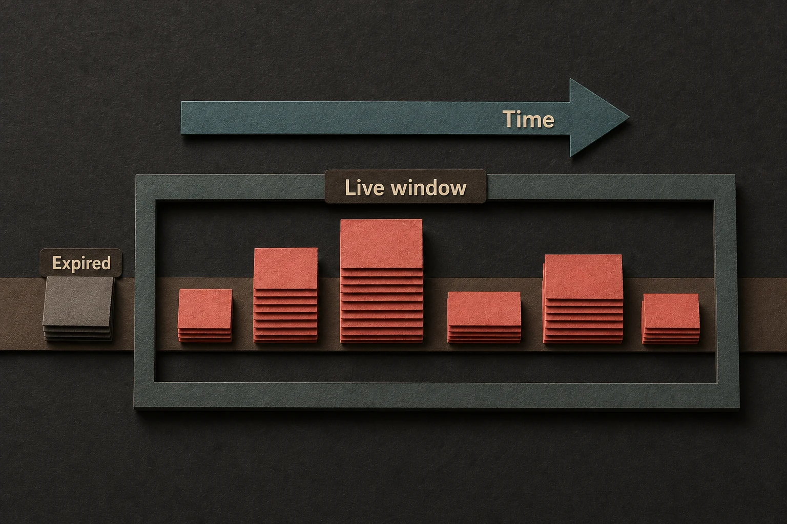 A paper timeline with request buckets inside a moving rectangular window and one expired bucket outside its left edge.
