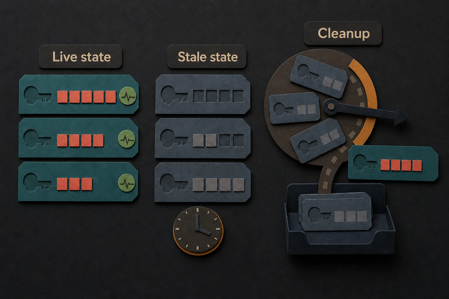Live key cards remain active while faded stale cards are selected by a periodic cleanup sweep.
